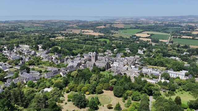 Establishing aerial shot Locronan medieval village Brittany France