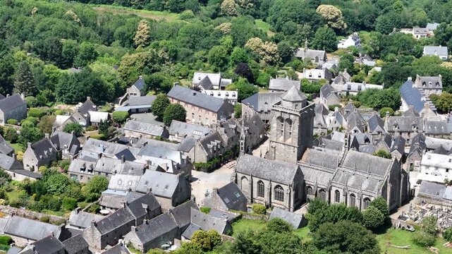 Locronan medieval village centre Brittany France Drone Aerial View