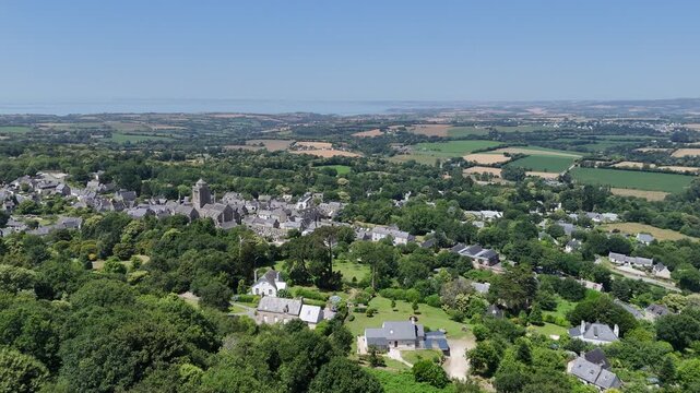 Long shot of Locronan medieval village Brittany France Drone Aerial View