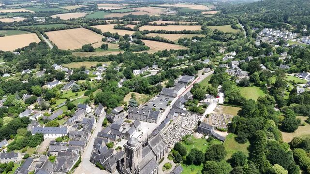 Locronan medieval village Brittany France Drone Aerial View high angle shot