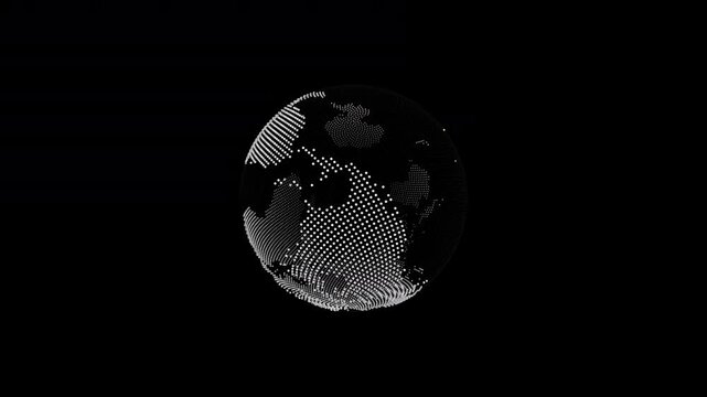 Futuristic 4K digital world globe animation featuring glowing points forming the continents, subtle ocean particles and latitude-longitude wireframe rings.