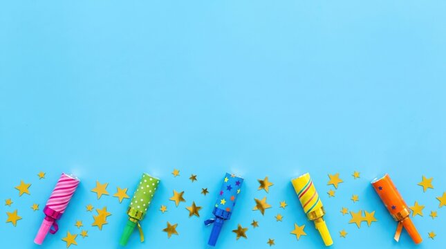 Colorful party blowers and scattered gold star confetti arranged in a row on a bright blue background.
