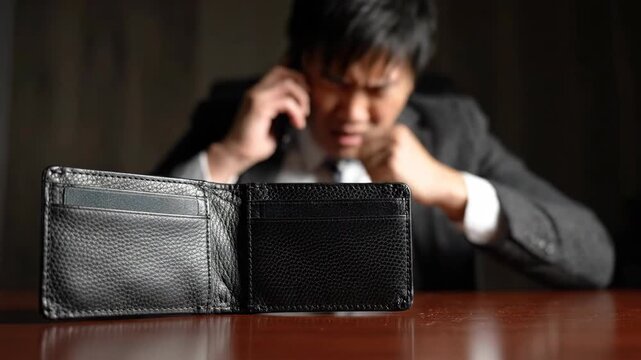 Empty wallet financial stress worry black leather wallet despair as business man faces debt crisis unemployment money problem burden with empty