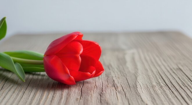 Vibrant Red Tulip Lying on Textured Wooden Surface