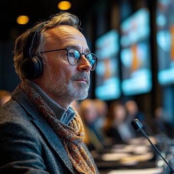 Professional interpreter in a soundproof booth wearing headphones and glasses, translating at an international conference