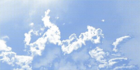 Halftone cloud sky on blue backdrop with pixelated texture vector illustration background. Vintage halftone cloud sky pop art style background featuring geometric dot pattern and summer aesthetic. © Konstantin