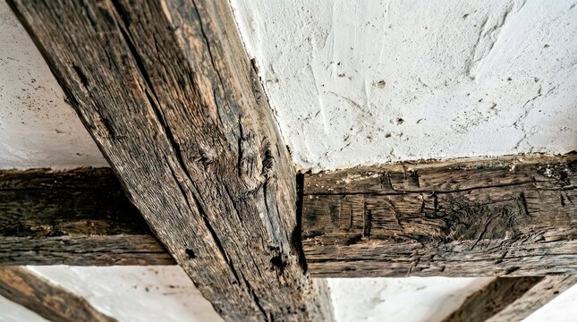 Rustic Wooden Ceiling Beam on White Wall