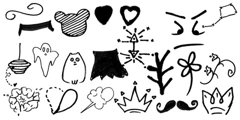 Set of handdrawn doodle elements, including hearts, crowns, ghost, mustache, flowers, and abstract shapes isolated on transparent background © wahhaj