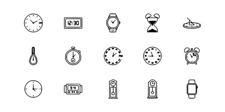 Clocks Displayed in Various Styles and Designs, Including Analog, Digital, Wristwatch, and Alarm Clock Icons