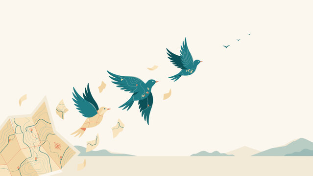 Folded paper maps transforming into birds in flight &ndash; Perfect for travel agency marketing, freedom themes, or global exploration.