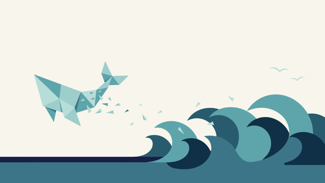 Folded paper whale dissolving into stylized waves &ndash; Great for transformation visuals, marine life campaigns, or minimal decor.