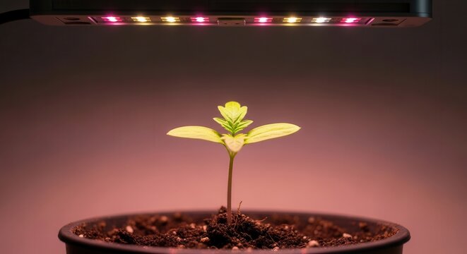 Young plant thriving under grow light, indoor gardening, seedling growth