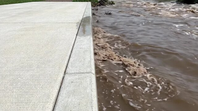 Concrete sidewalk edge with rapid muddy water flow beside it, showing dynamic outdoor environment and contrast between solid structure and turbulent