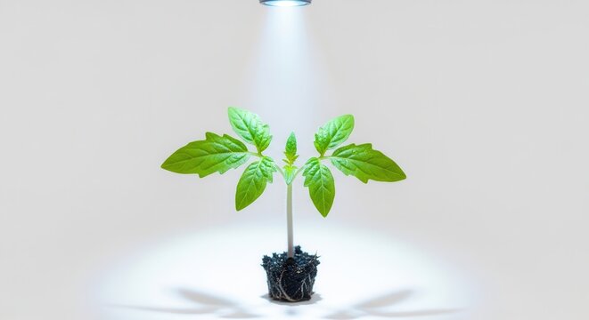Young seedling under spotlight, concept of growth, care, and cultivation