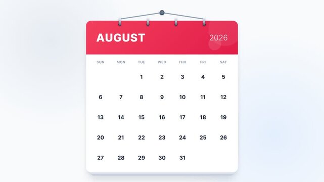 August 2026 Calendar Animation with Scheduling Icons for Business Planning and Productivity