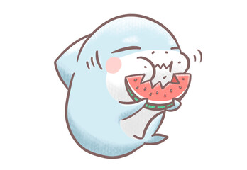 Fototapeta premium Cute baby shark happily eating a slice of watermelon, kawaii summer marine animal cartoon illustration isolated on transparent background