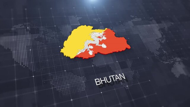 Bhutan map with national flag on digital world map background, geographic border, global political and international news concept