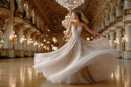 Elegant woman twirling in stunning gown inside opulent ballroom with chandeliers