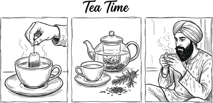 Hand drawn tea time illustration stories set featuring man drinking hot beverage teabag dipping and brewing pot vector