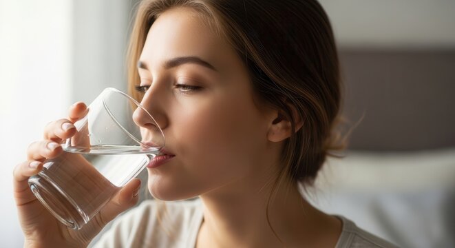 Young woman drinking fresh water from a glass, close-up shot, healthy lifestyle