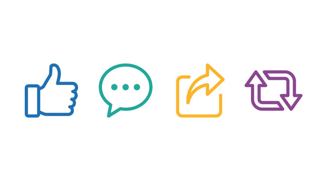 Social media interaction set containing a thumbs up, message bubble, share box, and repost arrows are shown in distinct outline colors.