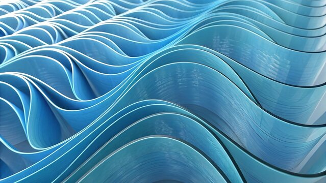 Modern 3D abstract wallpaper featuring flowing blue wavy layers with pleated fan textures.