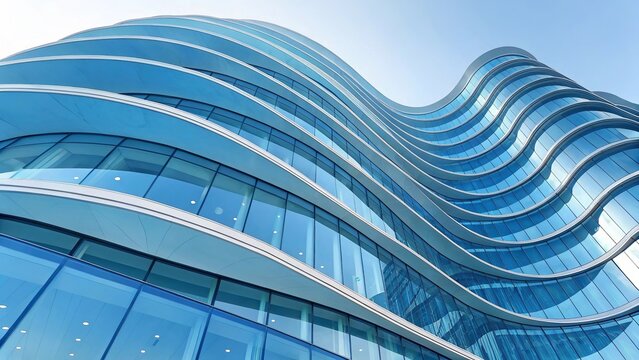 Elegant curved blue glass layers forming a smooth abstract ocean wave background design.