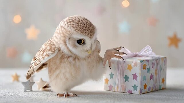 Festive owl beside decorated gift box with stars and soft bokeh background