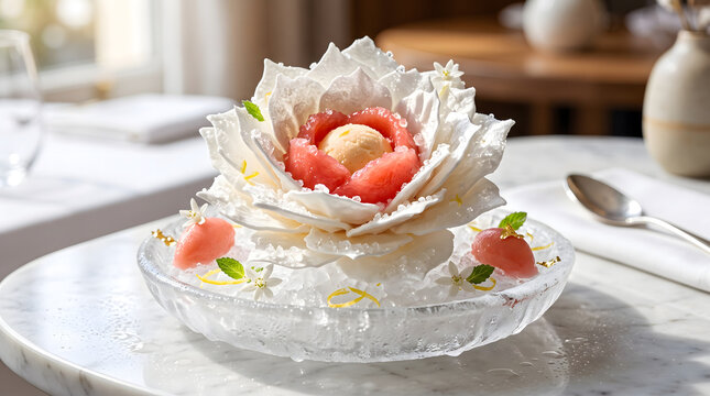 Gourmet Frozen Citrus Vacherin Sculpture with Pink Grapefruit Sorbet and Meringue Petals