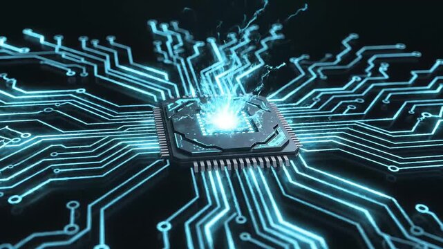 Futuristic Blue Electronic Circuit Board Background with Digital Microchip Technology and Motherboard Pattern Illustration