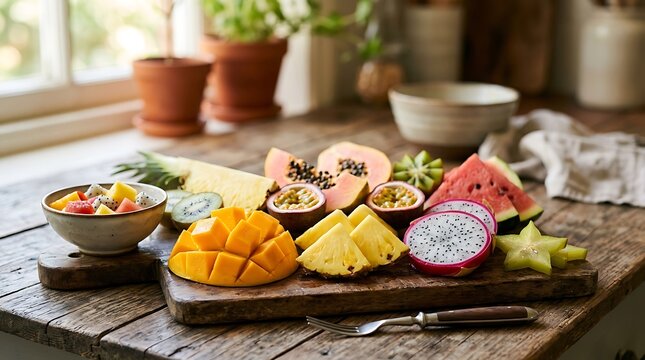 Fresh tropical fruit platter with mango dragon fruit and papaya