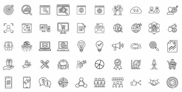 Minimalist digital marketing icons set, 50 thin line business and SEO vector symbols, professional web analytics and social media marketing graphics