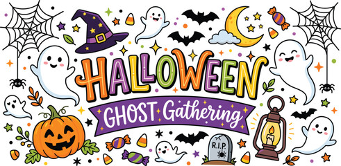 Naklejka premium Cute Halloween ghost gathering typography banner illustration with playful ghosts pumpkin bats and spooky elements