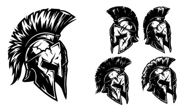 Modern minimalist Spartan helmet line art vector set geometric gladiator icon