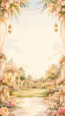 Fototapeta premium Garden Gazebo with Flowers and Hanging Lanterns Watercolor Illustration