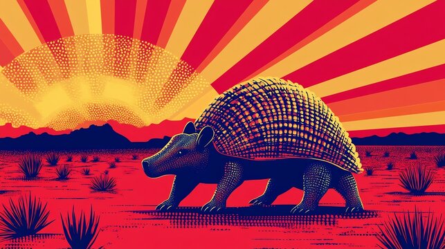 Vintage pop art style illustration of an armadillo walking across a desert landscape at sunrise