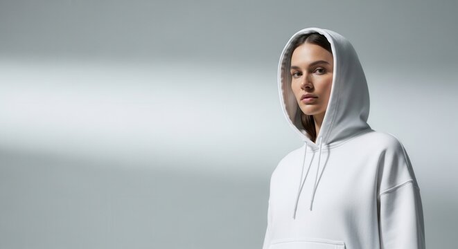 Young Woman in White Hoodie, Studio Portrait, Minimalist Style