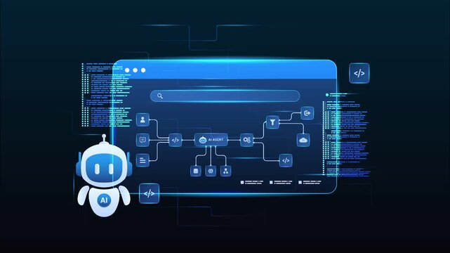 Futuristic AI workflow automation dashboard with ai agent assistant, coding panels and automation flow, looped animation