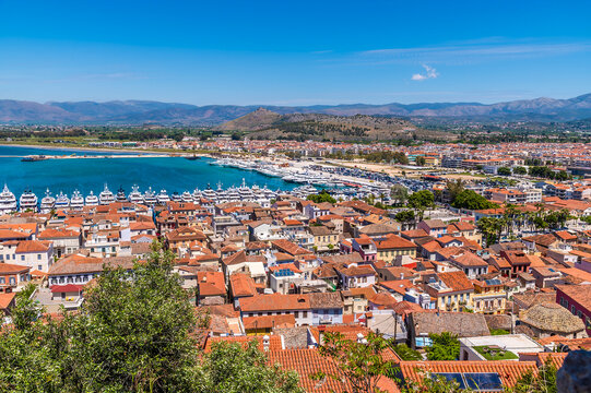 A view from the Acronauplia, fortress over the old town, the marina and bay above Nafplio in Greece in early summertime