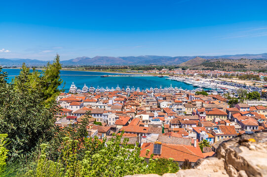A view from the Acronauplia, fortress across the bay in Nafplio in Greece in early summertime
