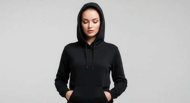 Young Woman Wearing Black Hoodie, Looking Down, Hood Up, Studio Shot