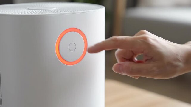 Hand pressing button on white air purifier with orange light ring and green light, modern home appliance for clean air and comfort control
