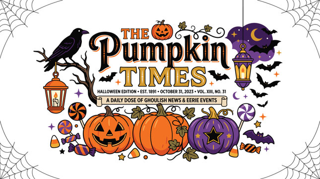 Vintage Halloween newspaper masthead typography illustration with pumpkins raven bats lanterns and candy elements