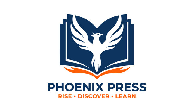Phoenix rising from open book for publishing house logo.