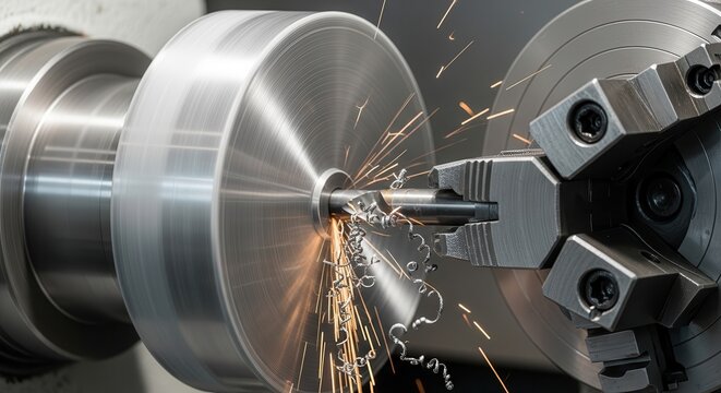 Metal cutting on lathe machine with sparks