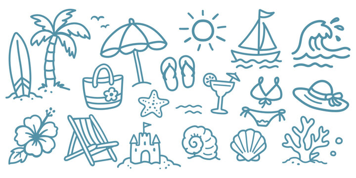  Hand drawn doddle beach summer icons set, black ink doodle vacation elements, tropical surf and ocean travel vector illustrations on white background