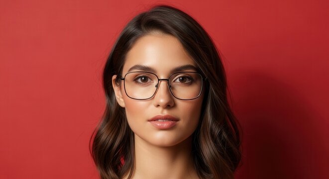 Young Woman with Modern Eyewear Against a Vibrant Red Background