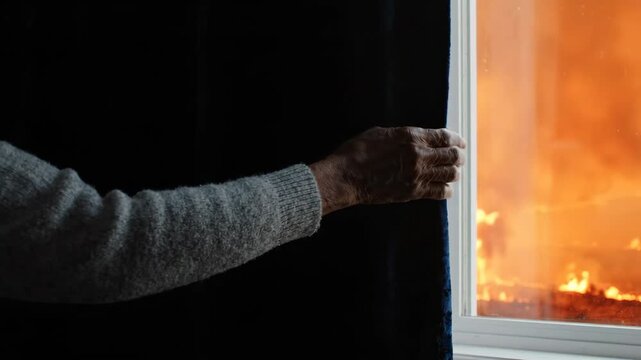 Hand sliding blackout curtain near window with wildfire fire outside, orange smoke and flames creating intense dramatic arm sleeve sweater scene