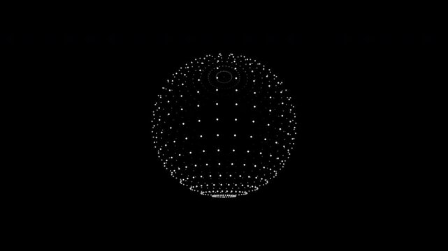 Abstract 4K animation of a rotating three-dimensional digital globe constructed from hundreds of glowing points. Perspective and depth-based lighting create a futuristic spherical wireframe effect sui