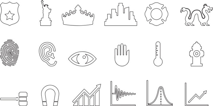 Universal set of thin line security, anatomy, science, and statistics icons in EPS vector format for corporate layouts